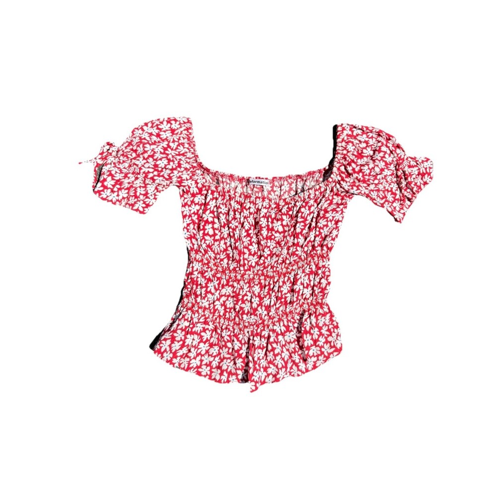 Reformation Small Red White Floral Blouse Off Shoulder